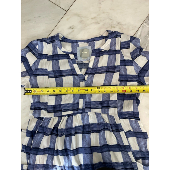 Maeve for Anthropologie Navy Blue And White 3/4 Sleeve Plaid Mini Dress Medium - Picture 10 of 14